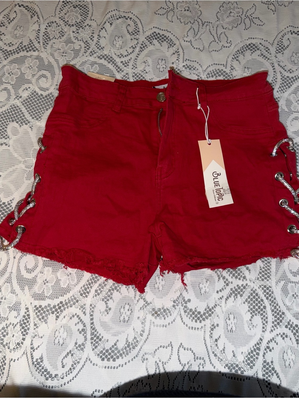 Blue Topic Red Lace-Up Side Denim Shorts